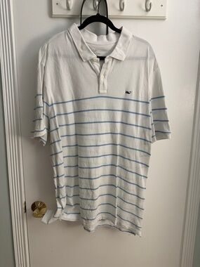 Vineyard Vines White Polo with Light Blue Stripes and Whale Logo